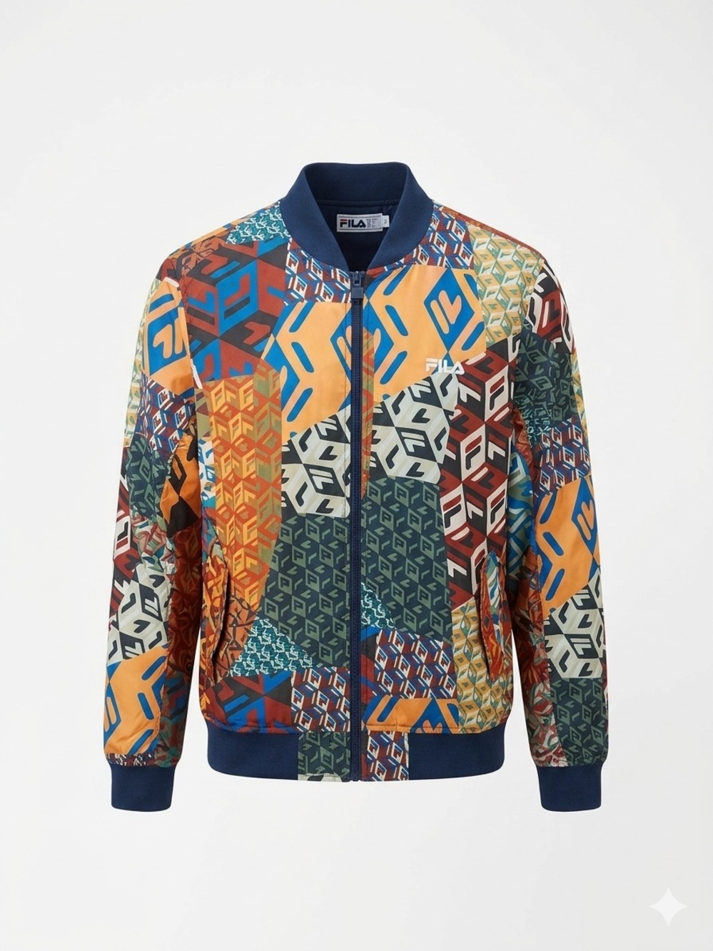 FILA Multicolor Geometric Patchwork Bomber Jacket
